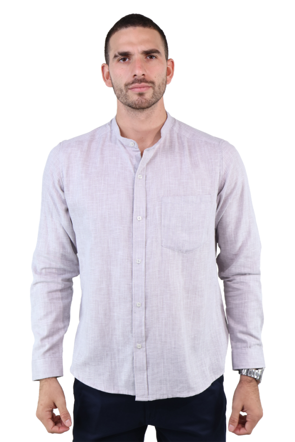 Camisa Gris Textura Lino Manga Larga Slim Fit Cuello Mao Para Caballero